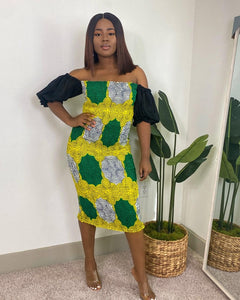 African print Lama stretch dress green