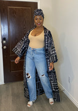 Load image into Gallery viewer, Joni tribal maxi kimono and head wrap (black &amp; white)
